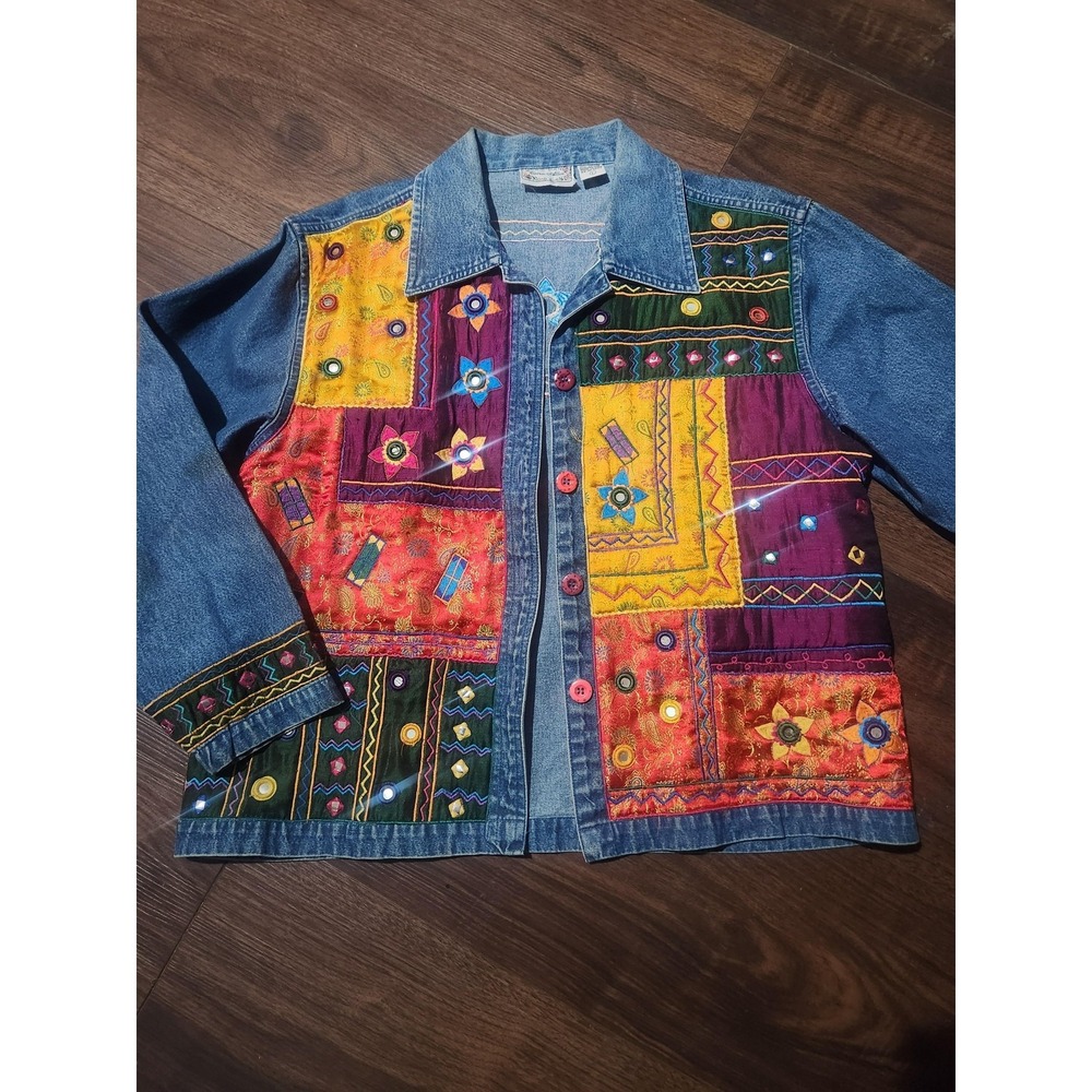 Carrie Allen Jacket Womens‎ Large Multicolor Denim Embroidered Patchwork Boho